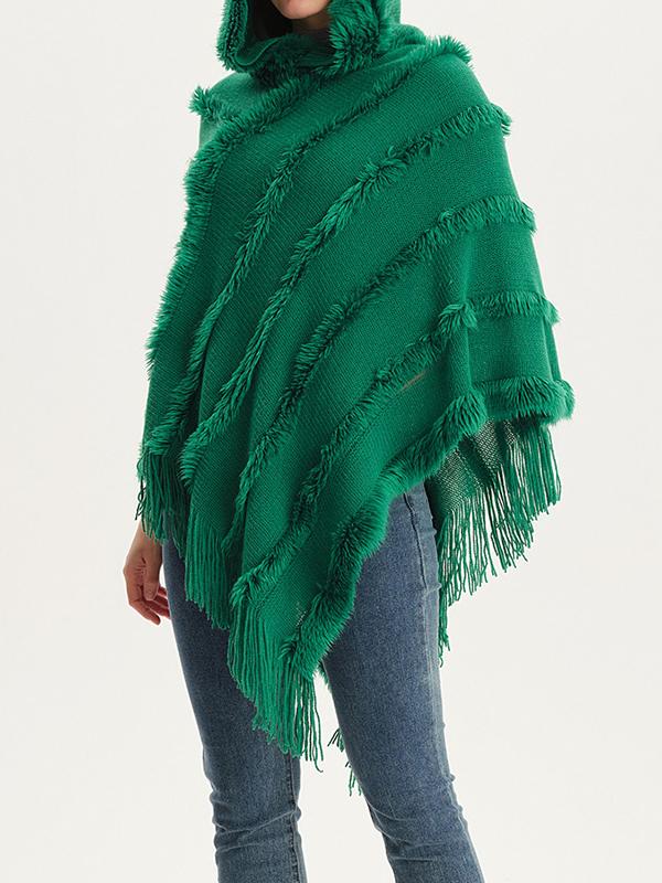 Hooded Keep Warm Solid Color Tasseled Cape Shawl&Cloak Product Image