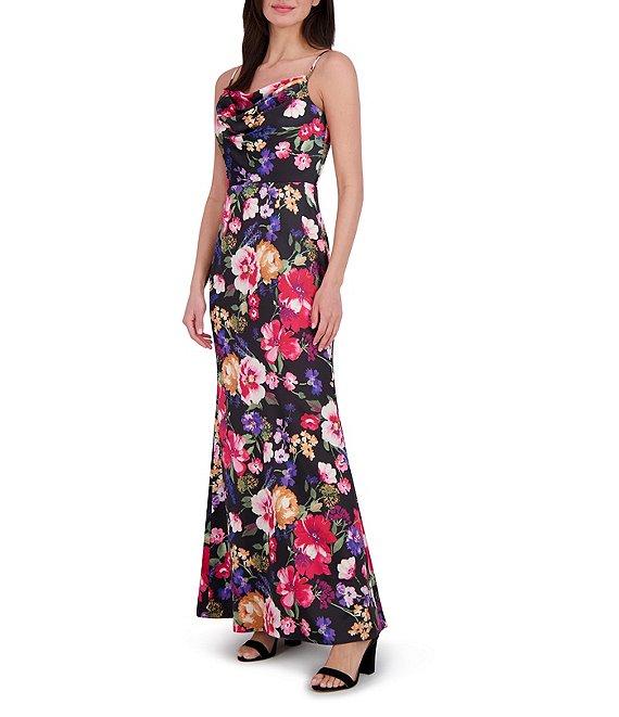 Vince Camuto Satin Floral Print Cowl Neck Sleeveless Gown Product Image