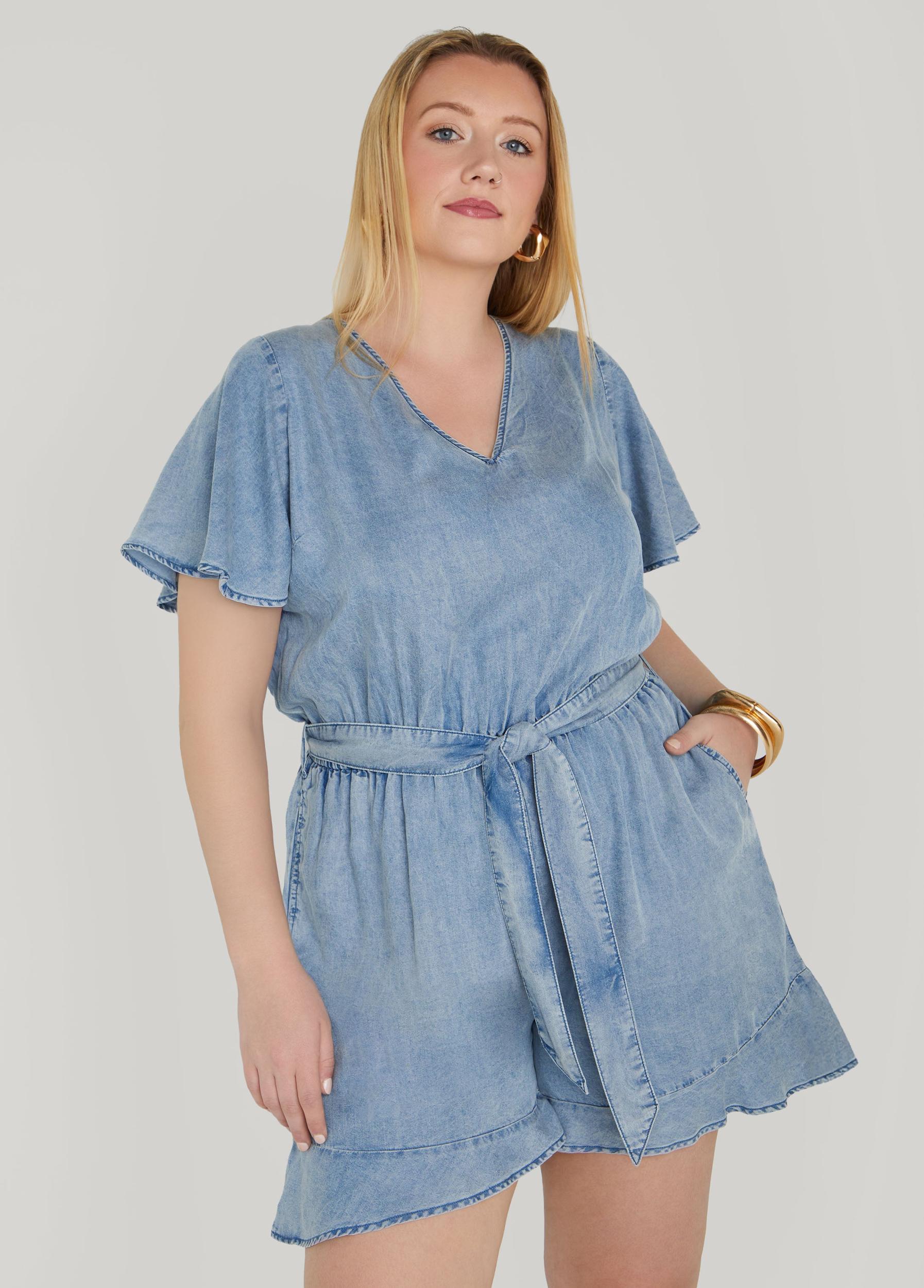 Plus Size Ruffle Trimmed Chambray Romper Ashley Stewart Product Image