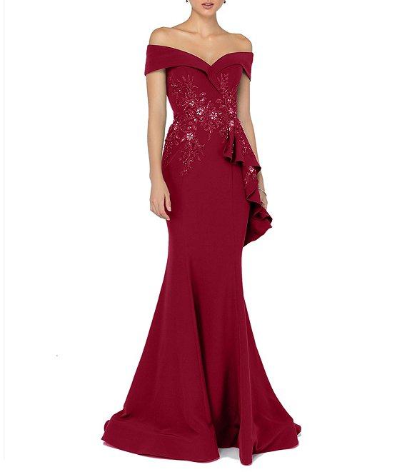 Terani Couture Off-the-Shoulder Short Sleeve Peplum Beaded Applique Mermaid Gown Product Image