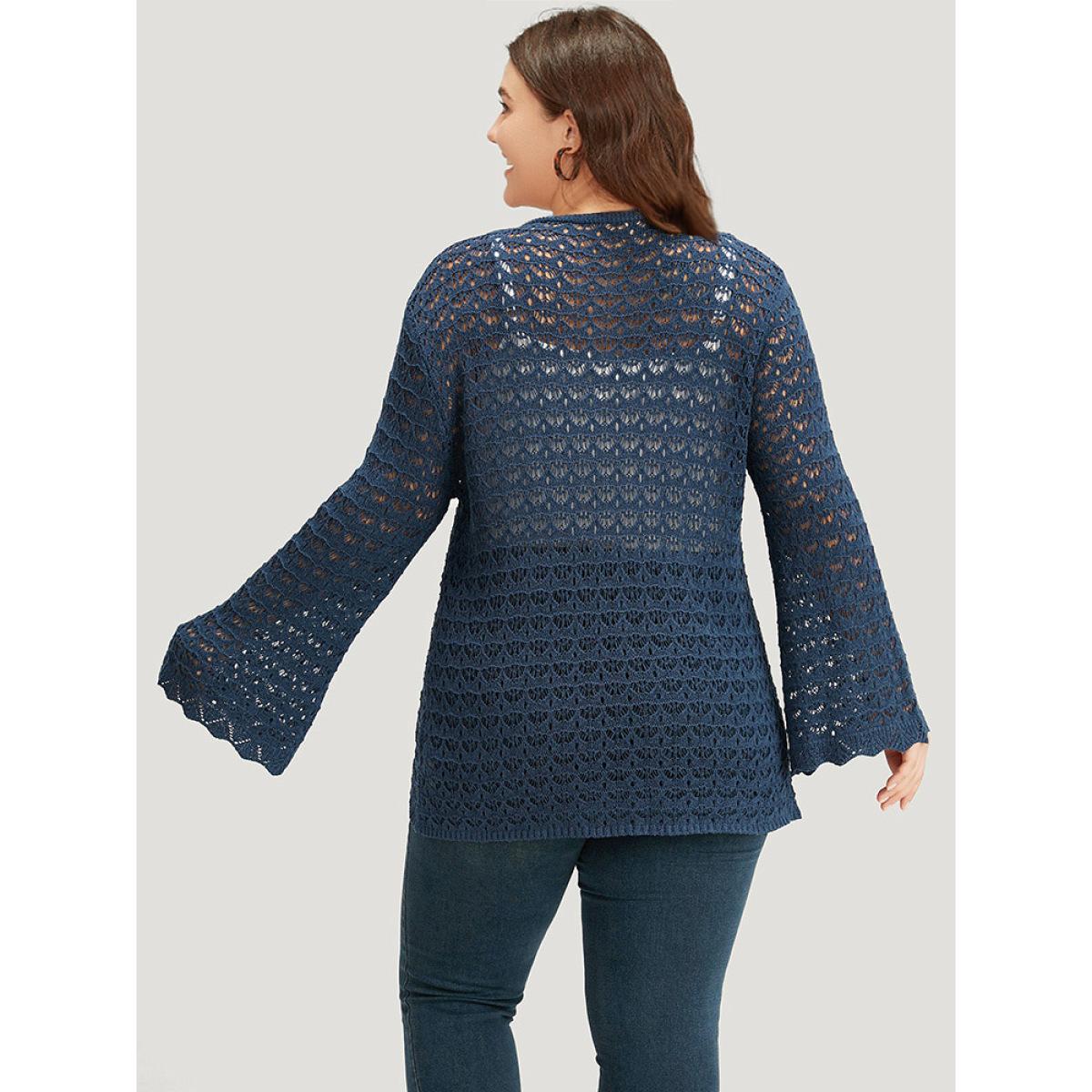 Plus Size Solid Eyelet Ties Front Bell Sleeve Cardigan Indigo Women Casual Loose Long Sleeve Dailywear Cardigans BloomChic 14-16/1X Product Image