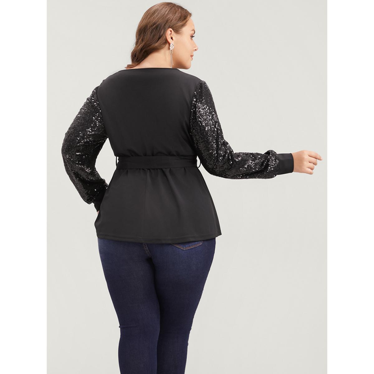 Plus Size Black Solid Sequin Belted Surplice Neck Blouse Women Party Long Sleeve V-neck Going out Blouses BloomChic 10/M Product Image