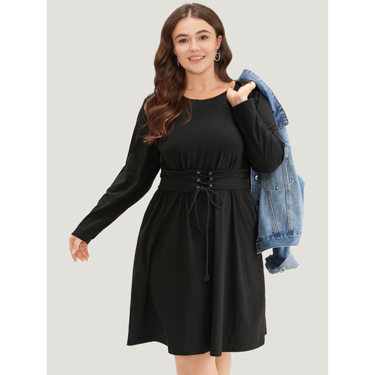 Plus Size Solid Pocket Drawstring Ties Dress Black Women Casual Plain Round Neck Long Sleeve Curvy Knee Dress BloomChic 10/M Product Image