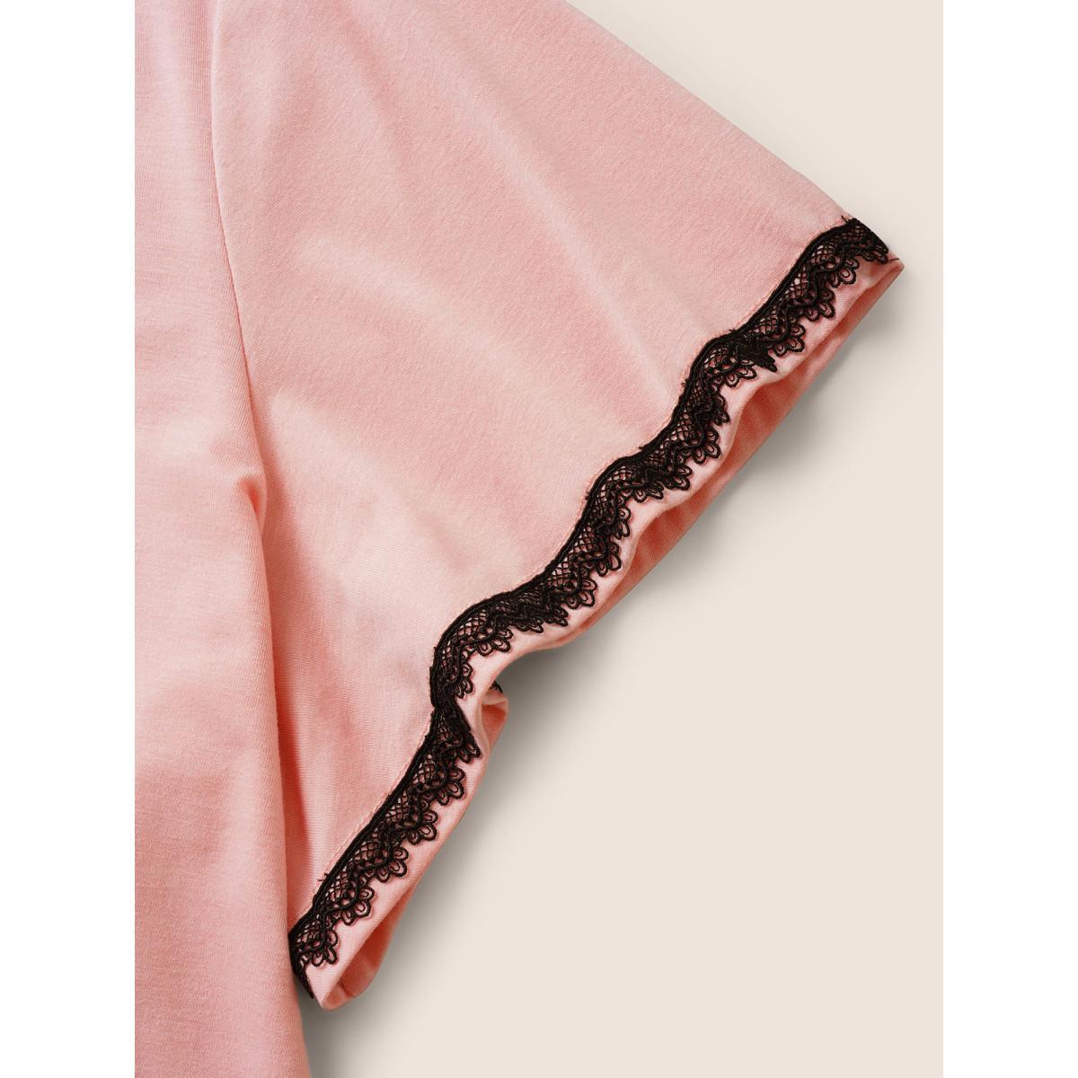 Plus Size V Neck Contrast Lace Flutter Sleeve T-shirt Nudepink Women Casual Contrast V-neck Everyday T-shirts BloomChic 18-20/2X Product Image