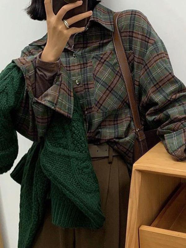 Plaid Print Loose Long Sleeve Blouse Product Image