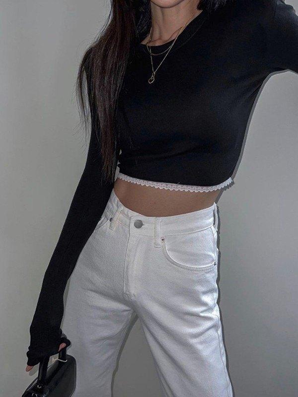 Lace Trim Padded Shoulder Ribbed Knit Crop Top Product Image