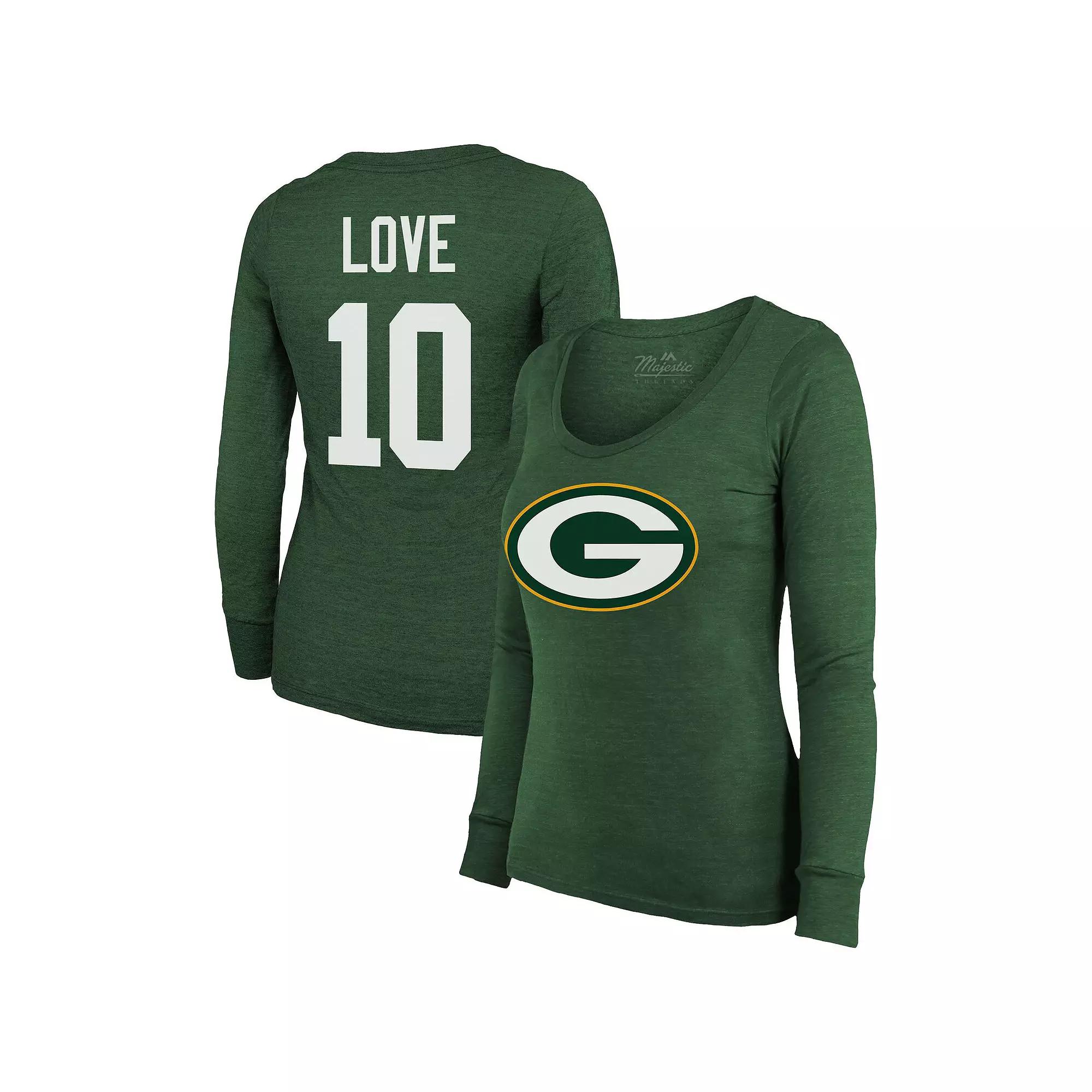 Women's Majestic Threads Jordan Love Green Green Bay Packers Name & Number Long Sleeve Scoop Neck Tri-Blend T-Shirt,  Product Image