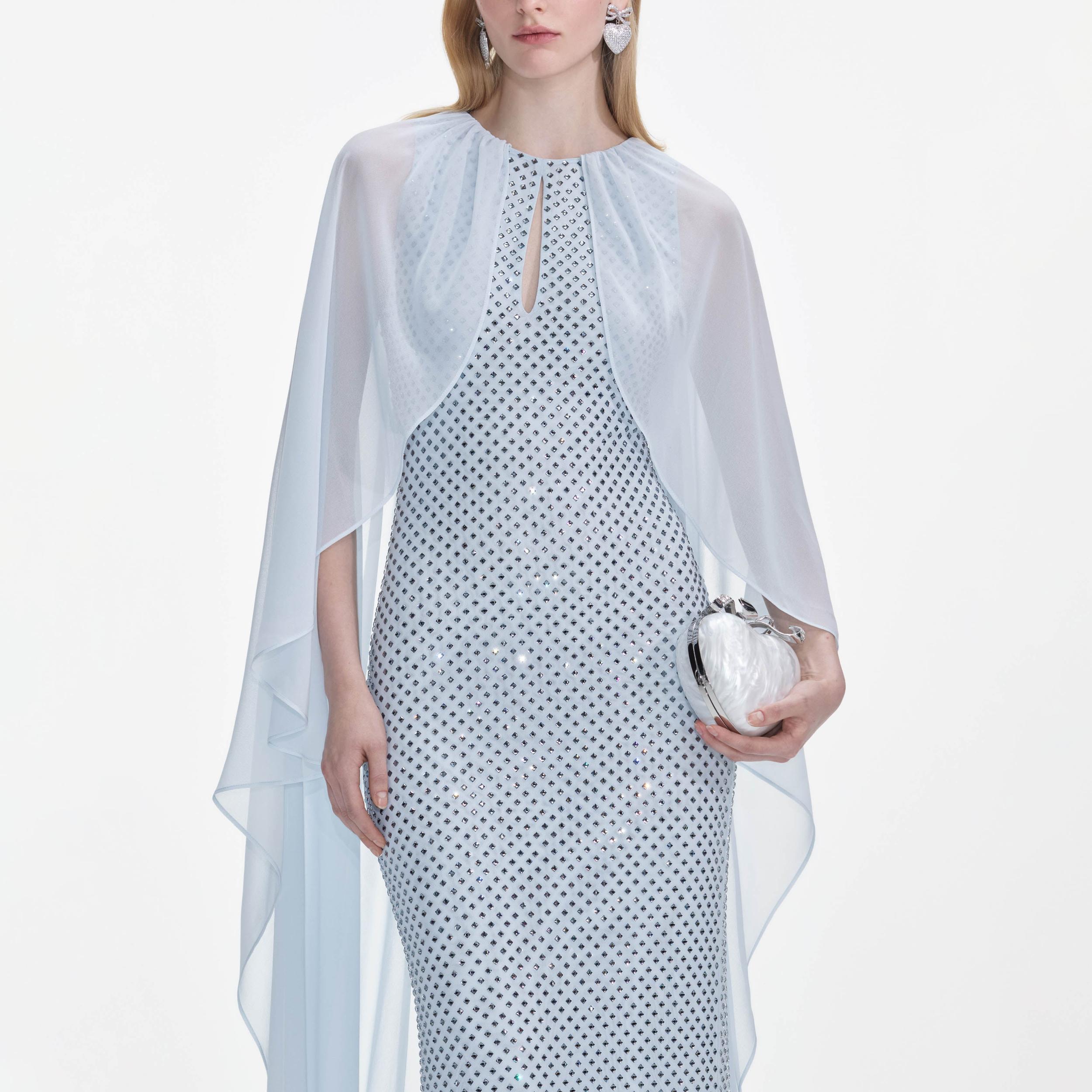 Pale Blue Rhinestone Cape Maxi Dress Product Image