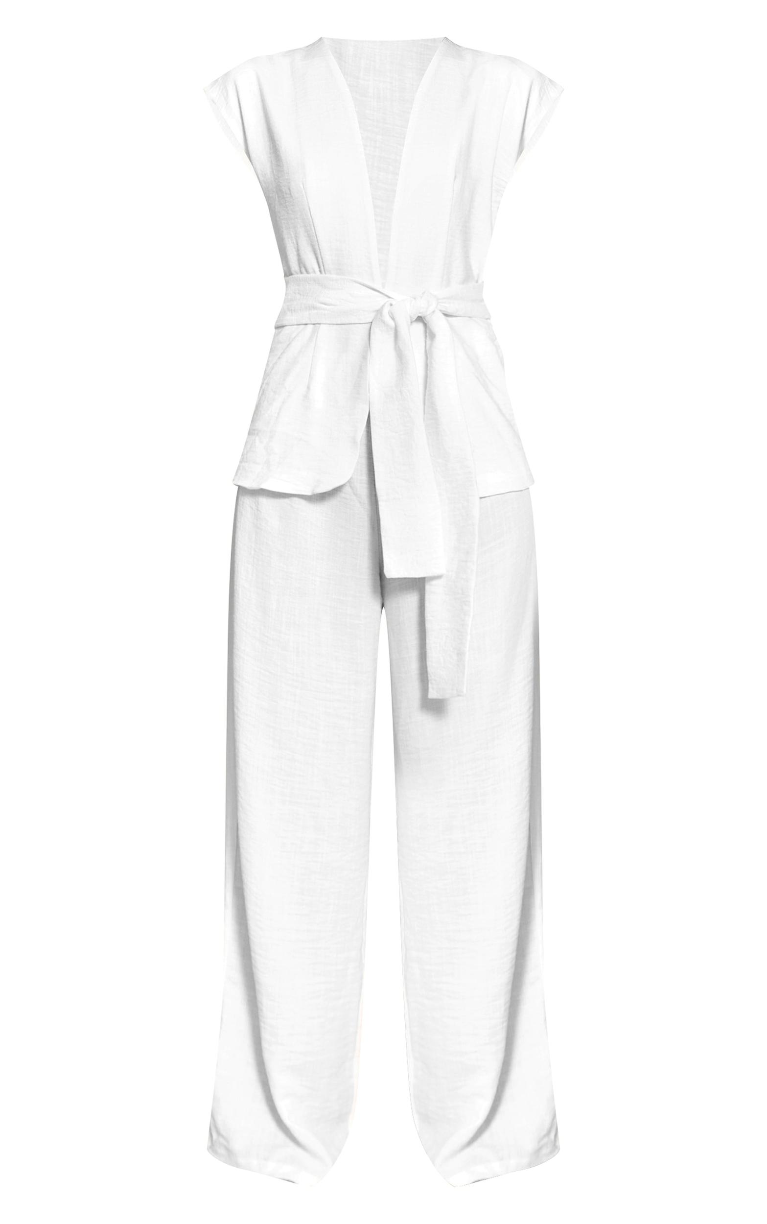 White Textured Tie Waist Jumspuit Product Image