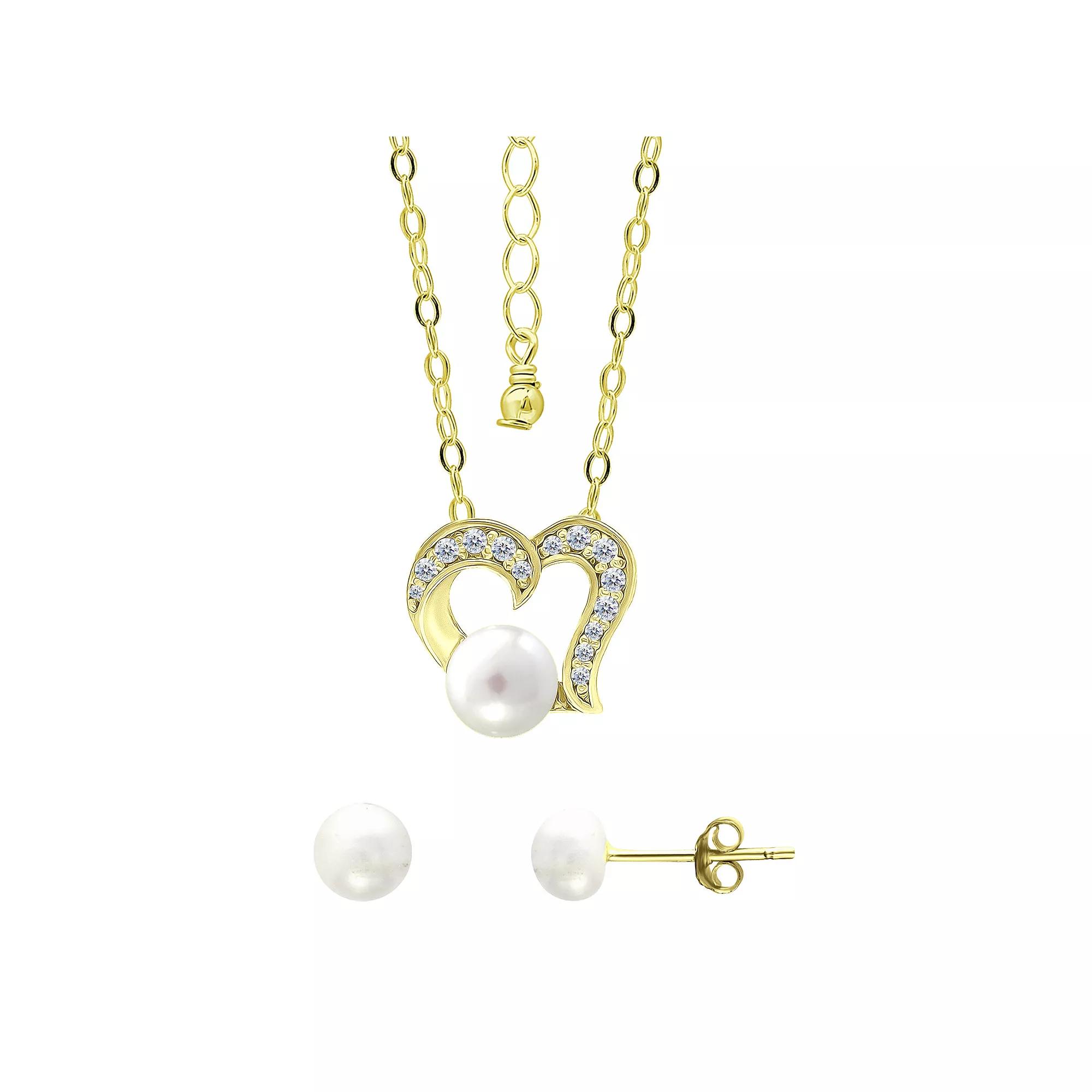 Aleure Precioso 18k Gold Over Silver Heart Shaped Cubic Zirconia & Freshwater Cultured Pearl Pendant Necklace & Stud Earrings Set, Women's, Size: 18", Gold Tone White Product Image