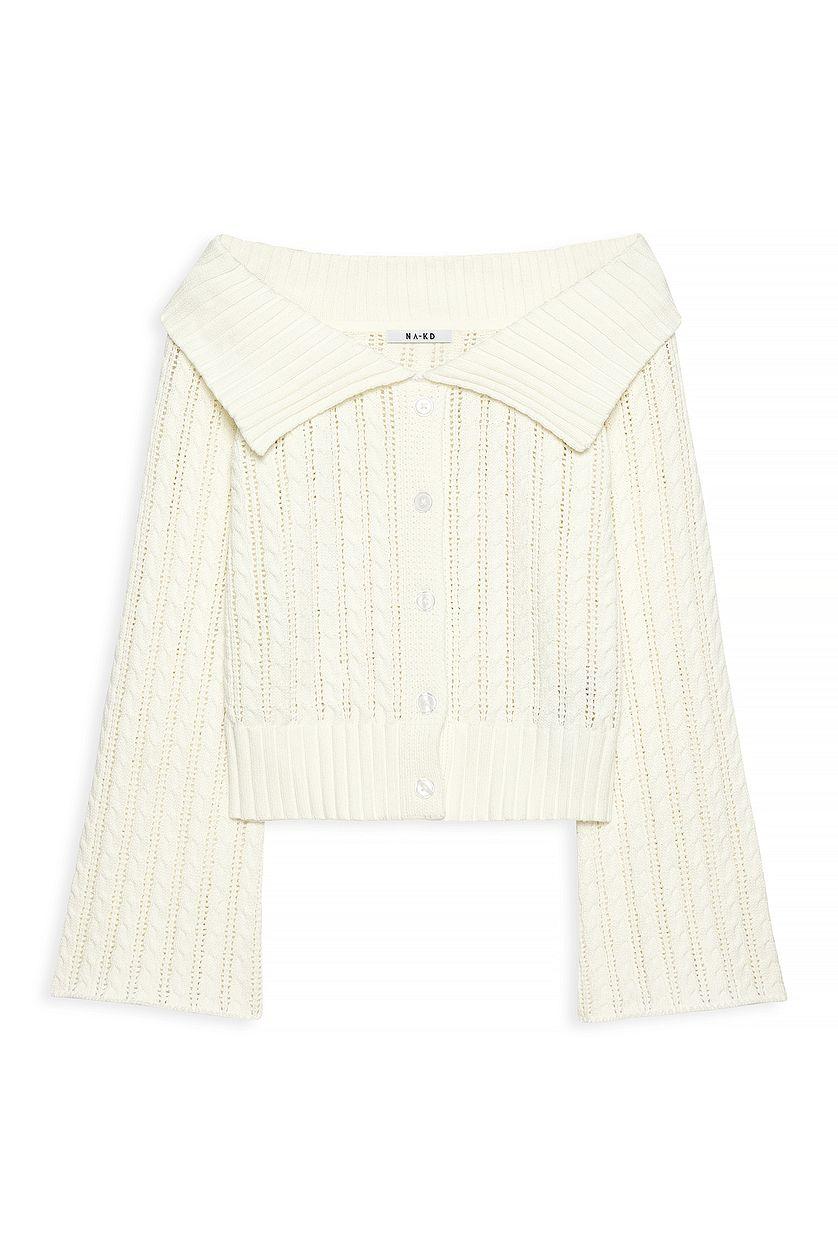 Knitted Off Shoulder Button Sweater Product Image