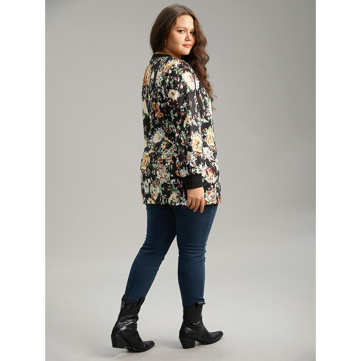 Plus Size Floral Print Elastic Cuffs Sweatshirt Women Black Elegant Printed Round Neck Dailywear Sweatshirts BloomChic 12/L Product Image