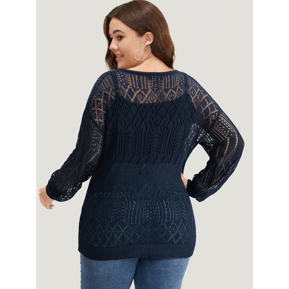Plus Size Plain Geometric Hollow Out Knot Neck Pullover Indigo Women Casual Long Sleeve V-neck Everyday Pullovers BloomChic 10/M Product Image