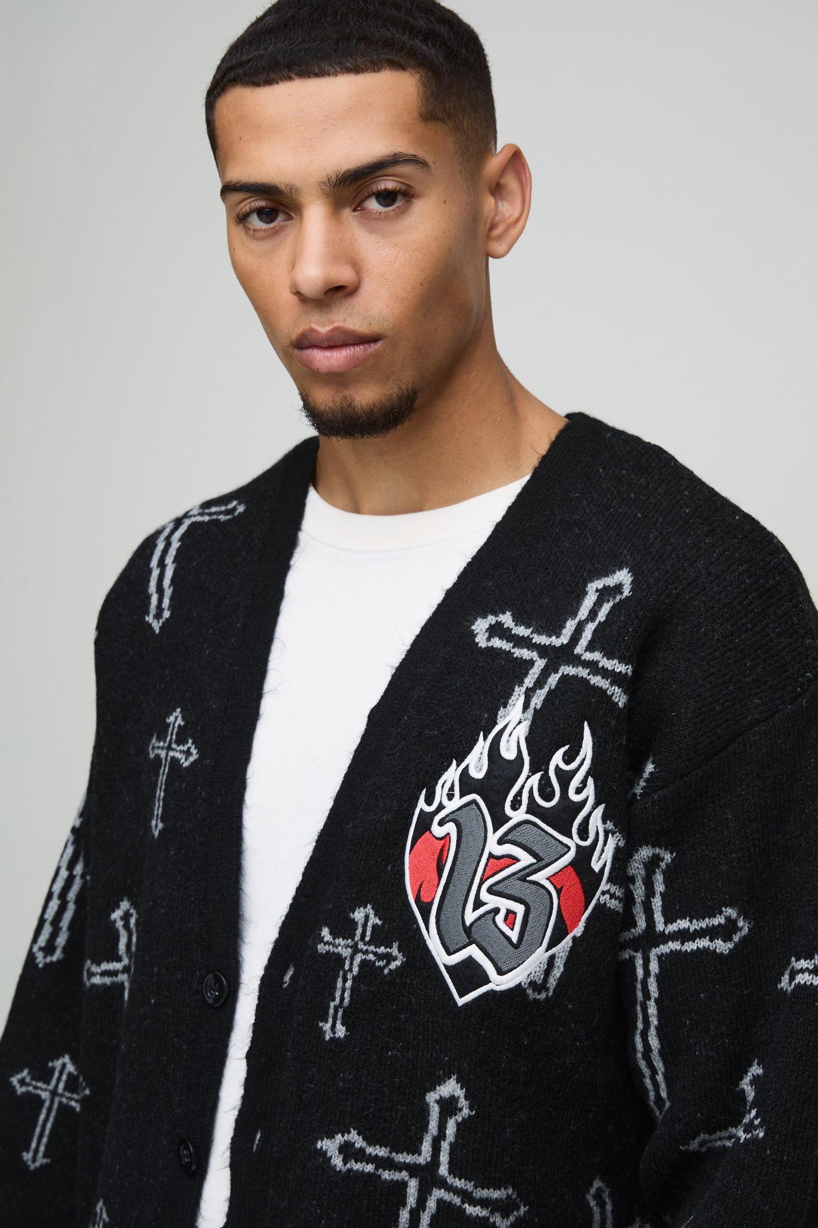 Oversized Boxy Cross Graphic Brushed Knitted Cardigan | boohooMAN USA Product Image