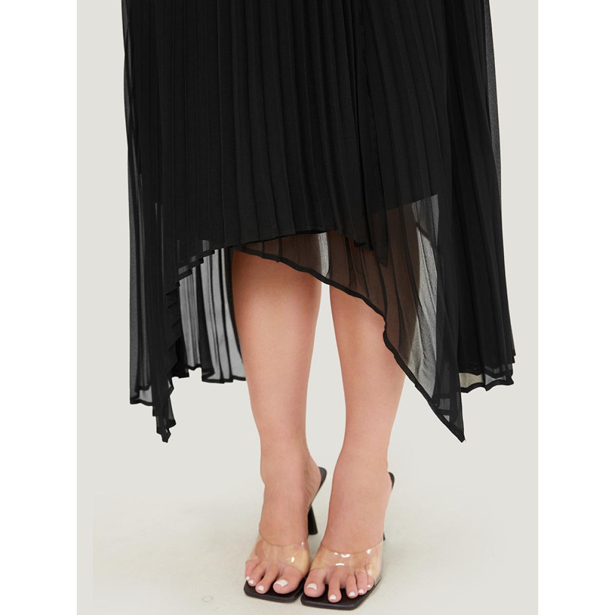 Plus Size Solid Mesh Pleated Detail Hanky Hem Skirt Women Black Elegant See through No stretch Dailywear Skirts BloomChic 18-20/2X Product Image