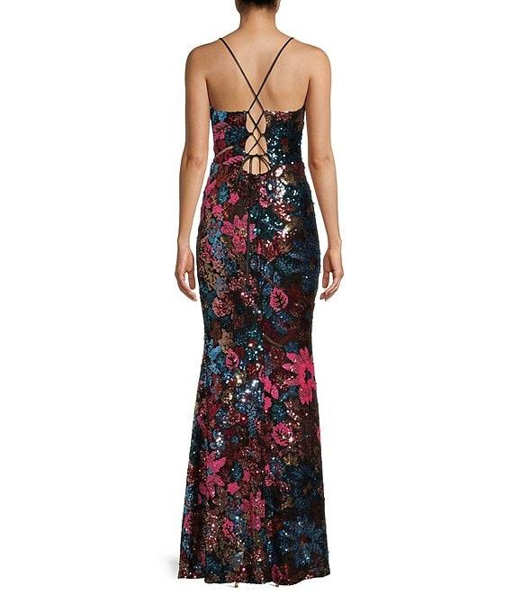 Midnight Doll Floral Sequin V-Neck Lace-Up Back Long Dress Product Image