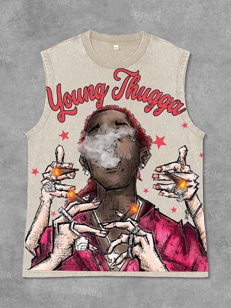Young Thugga-Luh Lattt Graphics Print Acid Washed Sleeveless Tank Top Product Image