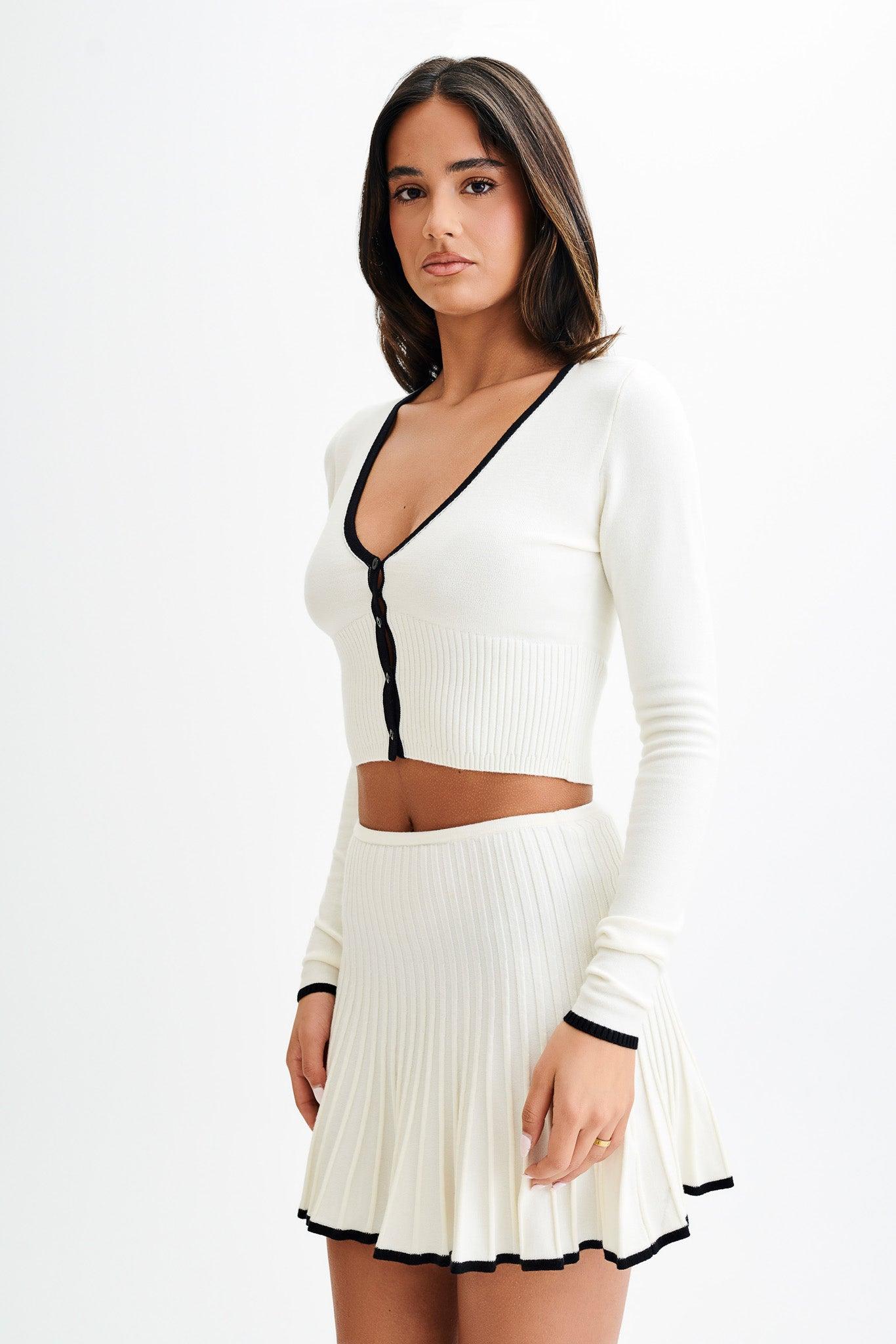 Jolene Contrast Button Up Knit Cardigan - White Product Image