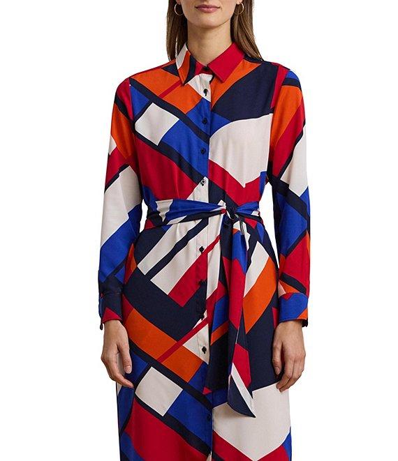 Lauren Ralph Lauren Crepe de Chine Printed Point Collar Long Sleeve Button-Front Self-Tie Waist Midi Shirtdress Product Image
