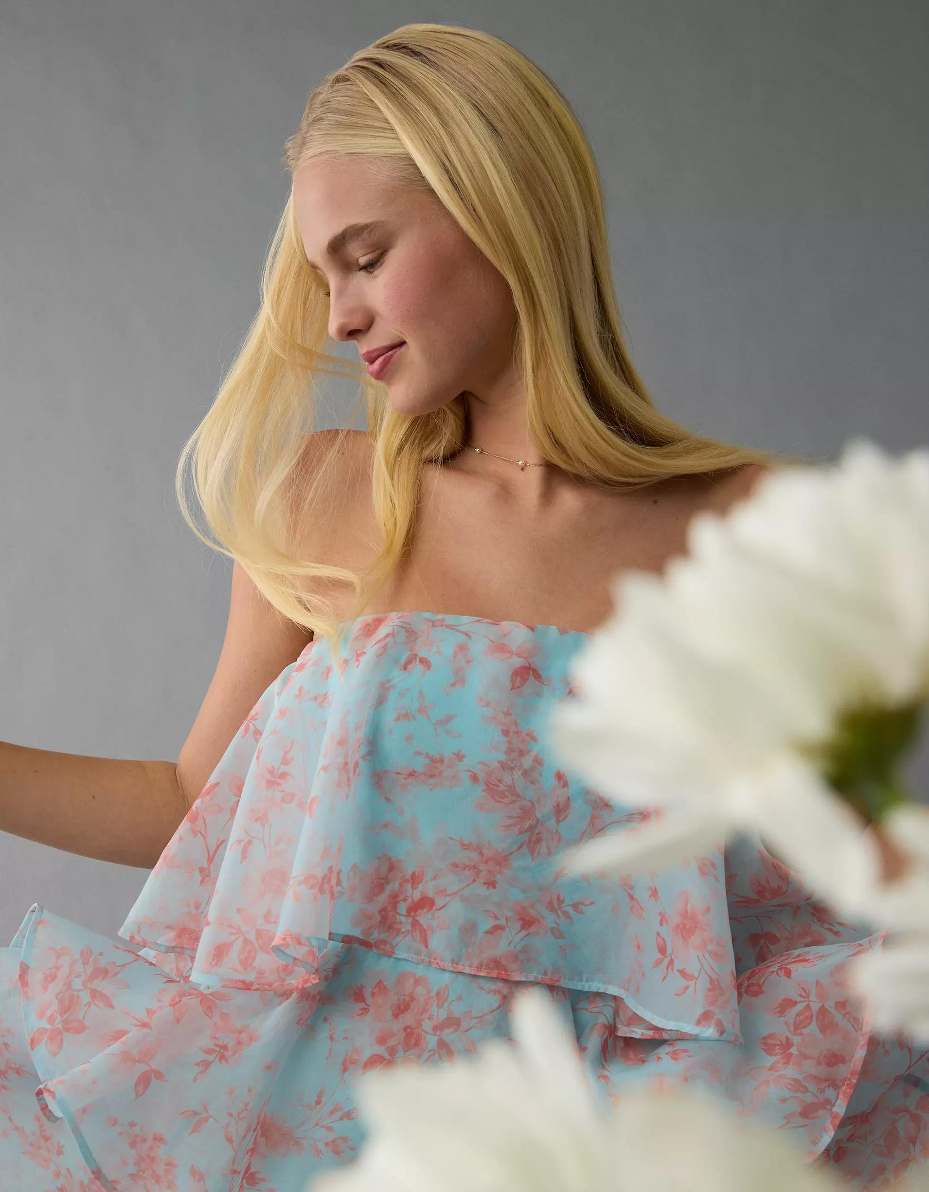 AE Strapless Ruffle Tiered Mini Dress Product Image