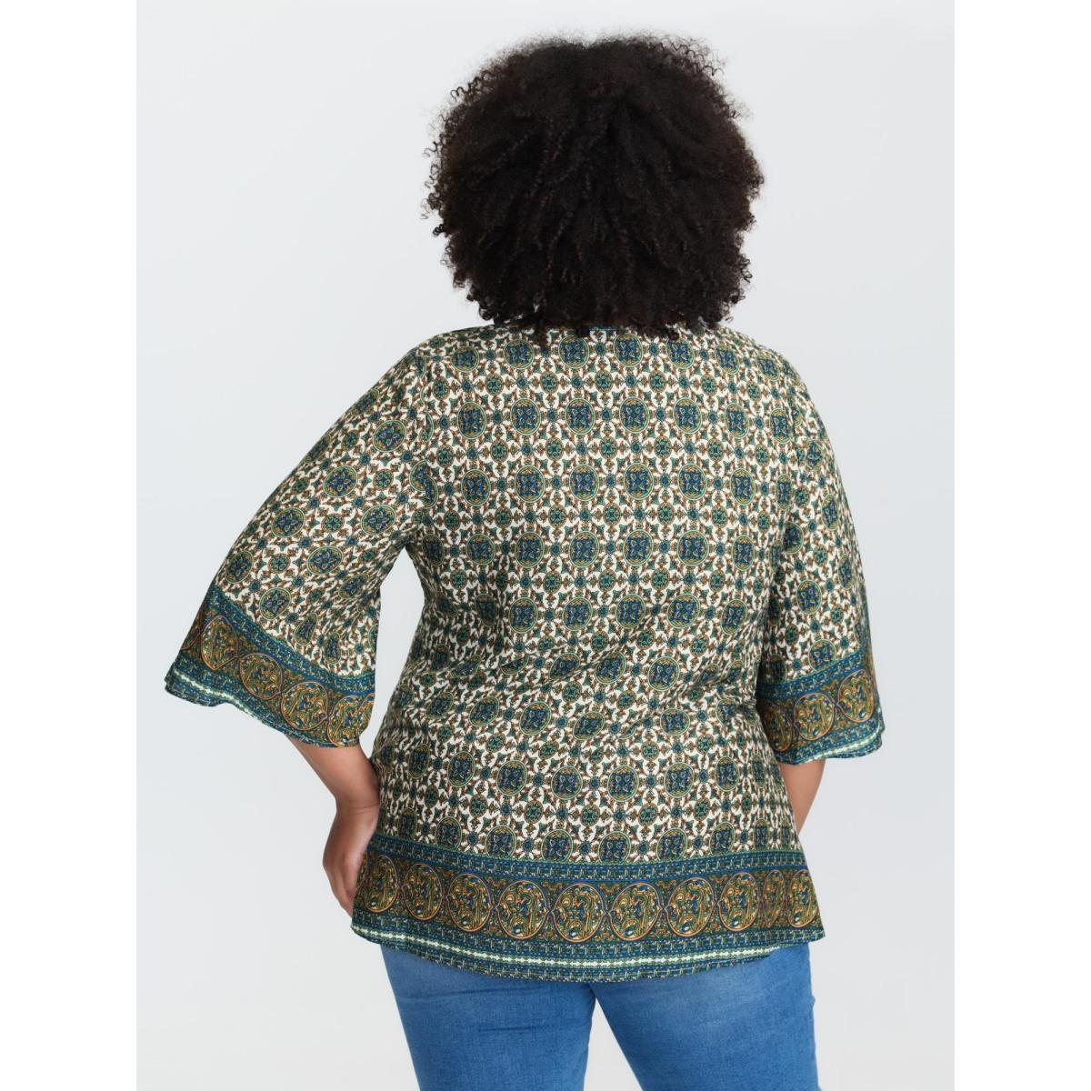 Plus Size Multicolor Pin-Tuck Pleat Ornate Print Relaxed Fit Shirt Women Boho Elbow-length sleeve V-neck Vacation Blouses BloomChic 26/4X Product Image