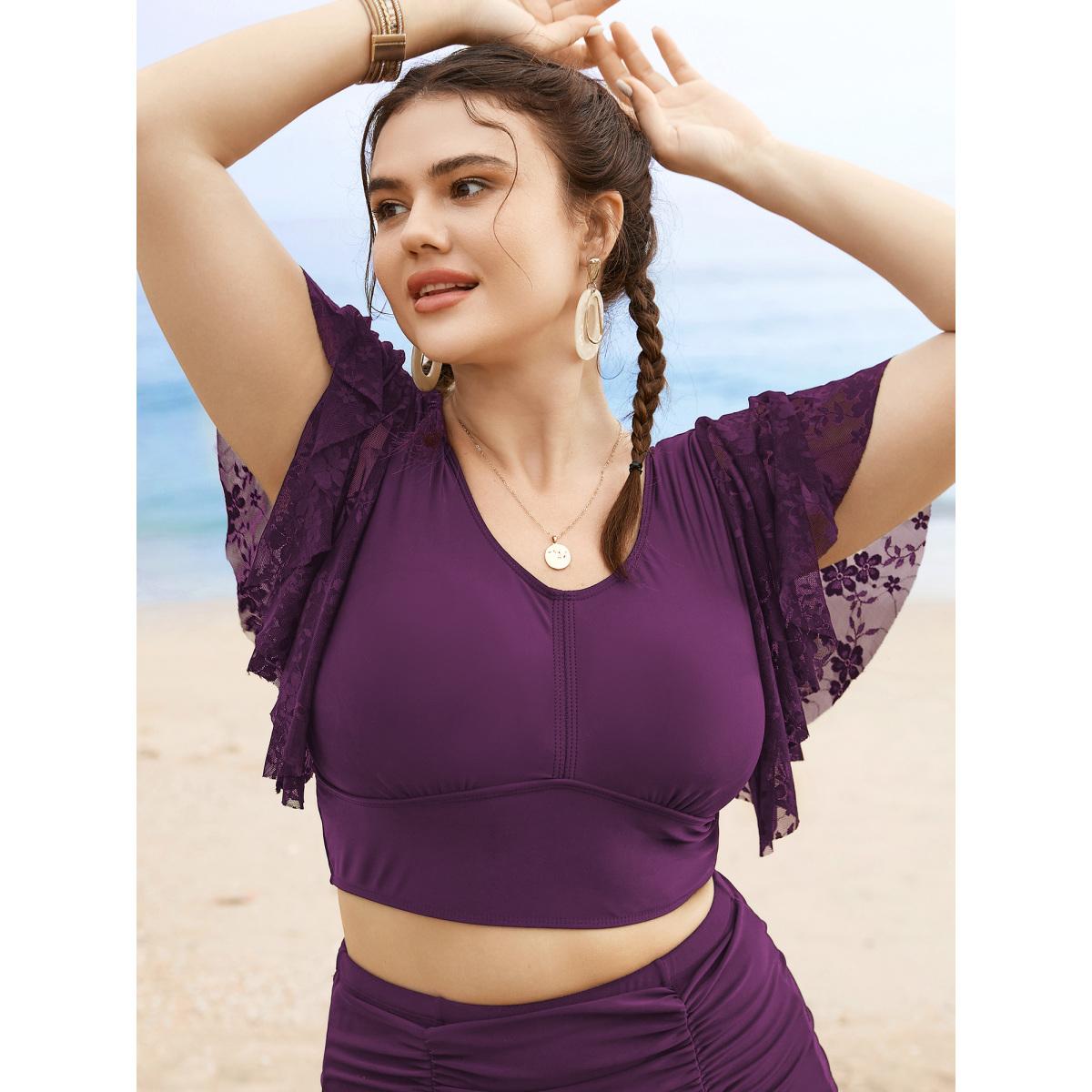 Plus Size U Neck Crochet Lace Mesh Swim Top Women's Swimwear Deeppurplered Resort Texture High stretch Skinny U-neck Curve Swim Tops BloomChic 10/M Product Image