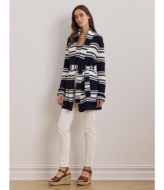 Lauren Ralph Lauren Cotton-Blend Stripe Shawl Collar Long Sleeve Belted Cardigan Product Image