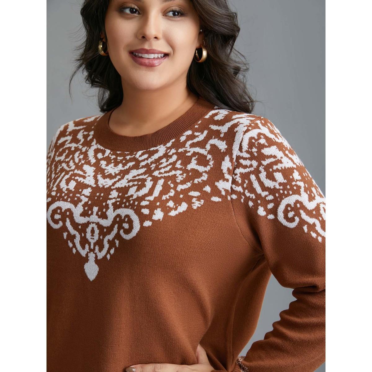 Plus Size Bandana Jacquard Pattern Round Neck Pullover Browncoffeecolor Women Casual Loose Long Sleeve Round Neck Everyday Pullovers BloomChic 28/5X Product Image