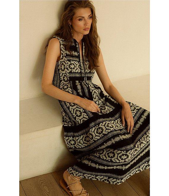 ELAN Geometric Print Tassel Split V-Neck Sleeveless Midi Dress Product Image