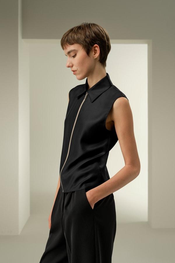 LILYSILK Silk Top Sleeveless - Female - Black 100% Pure Silk - Functional Zipper Placket Camisole XL Product Image