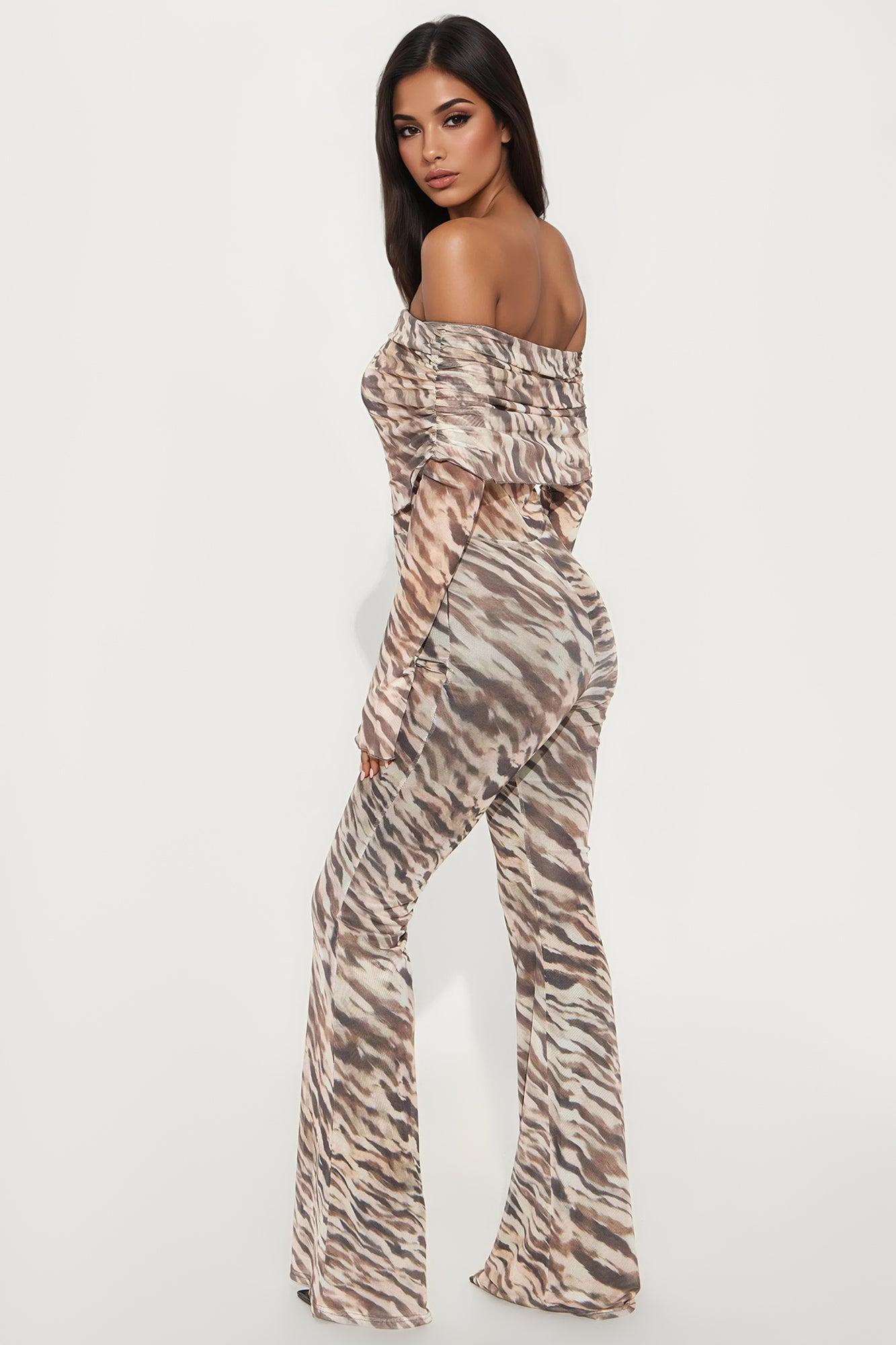 Getting Away Off Shoulder Mesh Jumpsuit - Mocha/combo Female Product Image