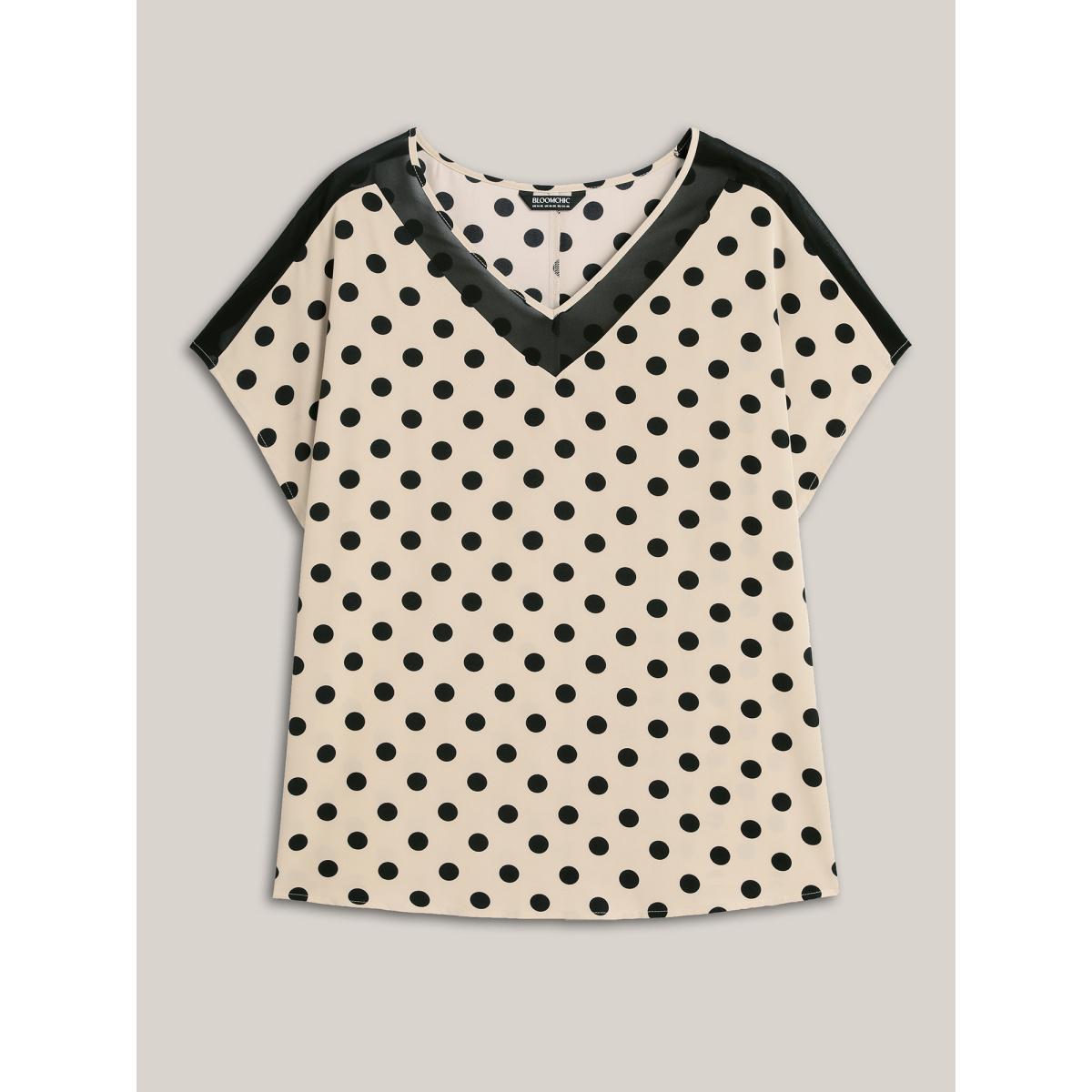 Plus Size Champagne Polka Dots Color Contrast Blouse Women Short sleeve V-neck Work Blouses BloomChic 26/4X Product Image