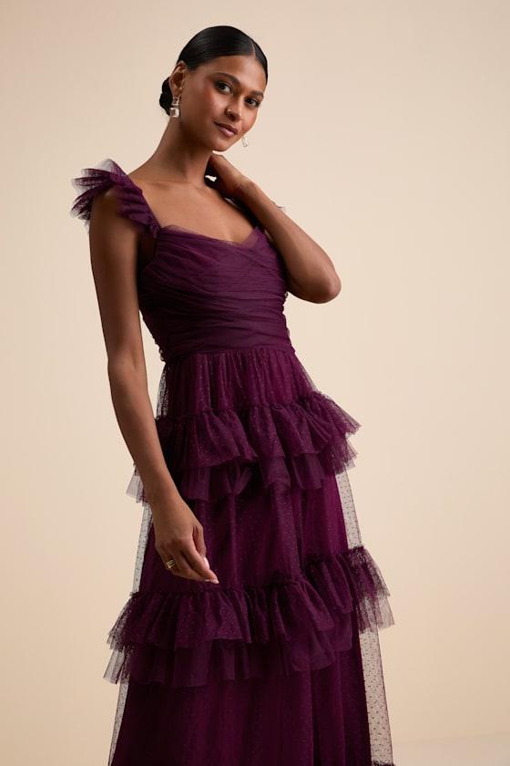 Pure Radiance Plum Purple Mesh Swiss Dot Tiered Maxi Dress Product Image