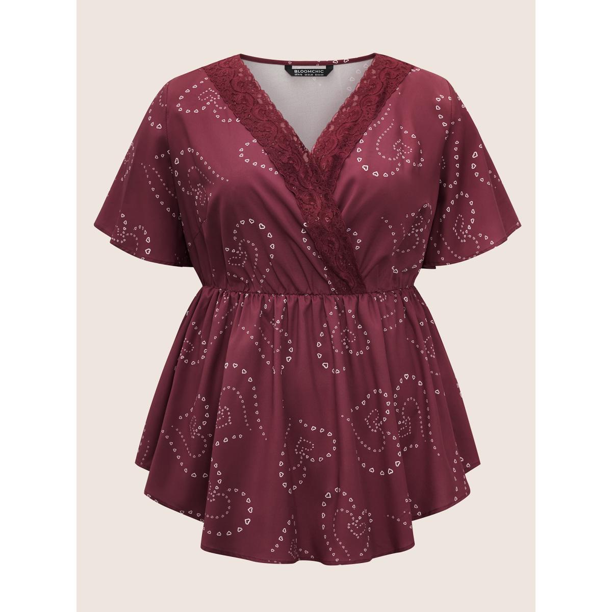 Plus Size Scarlet Heart Lace Patchwork Wrap Elastic Waist Blouse Women Elegant Short sleeve Overlap Collar Everyday Blouses BloomChic 26/4X Product Image