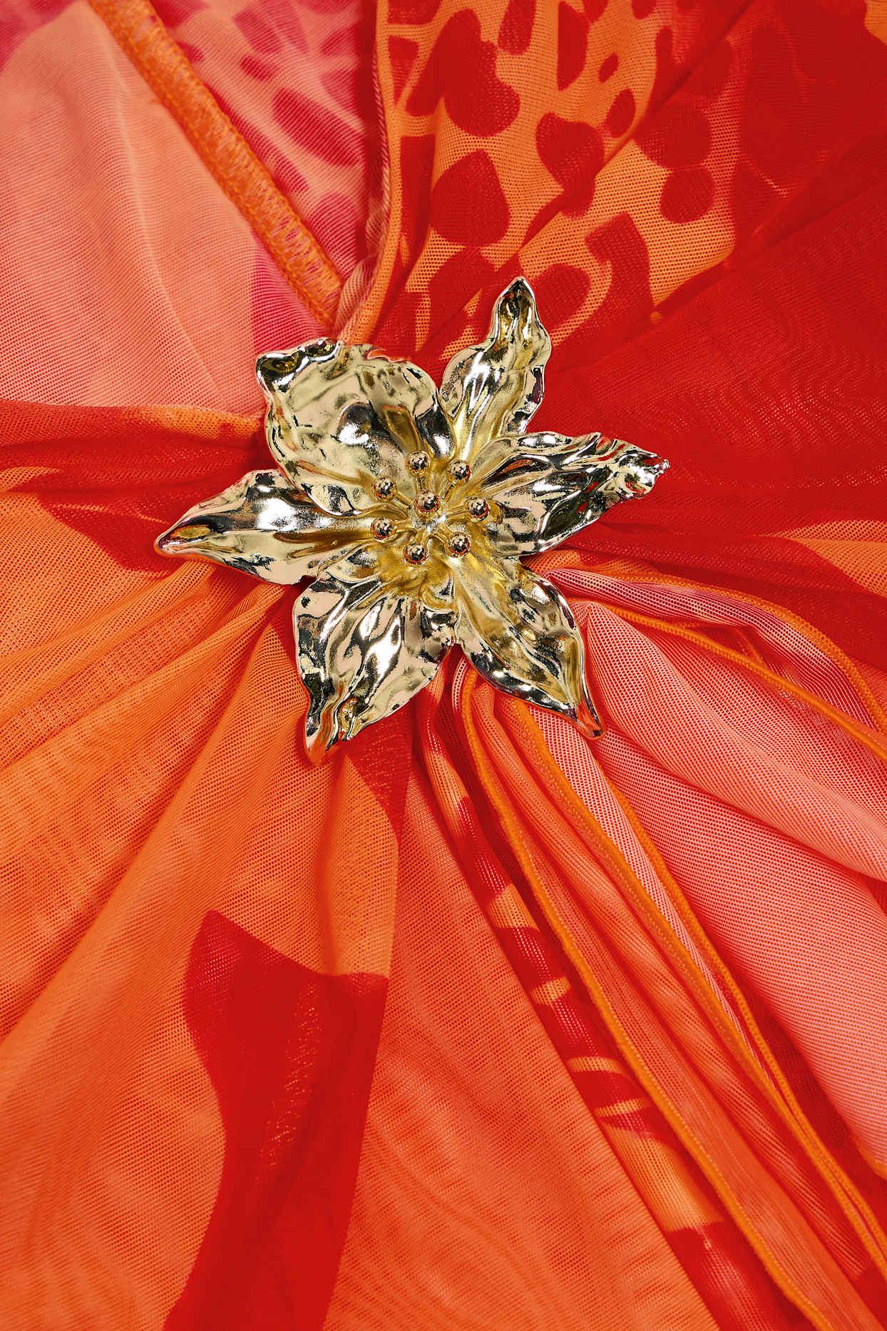 Ruched Hardware-Detail Fishtail Maxi Skirt in Orange Orchid Print Product Image