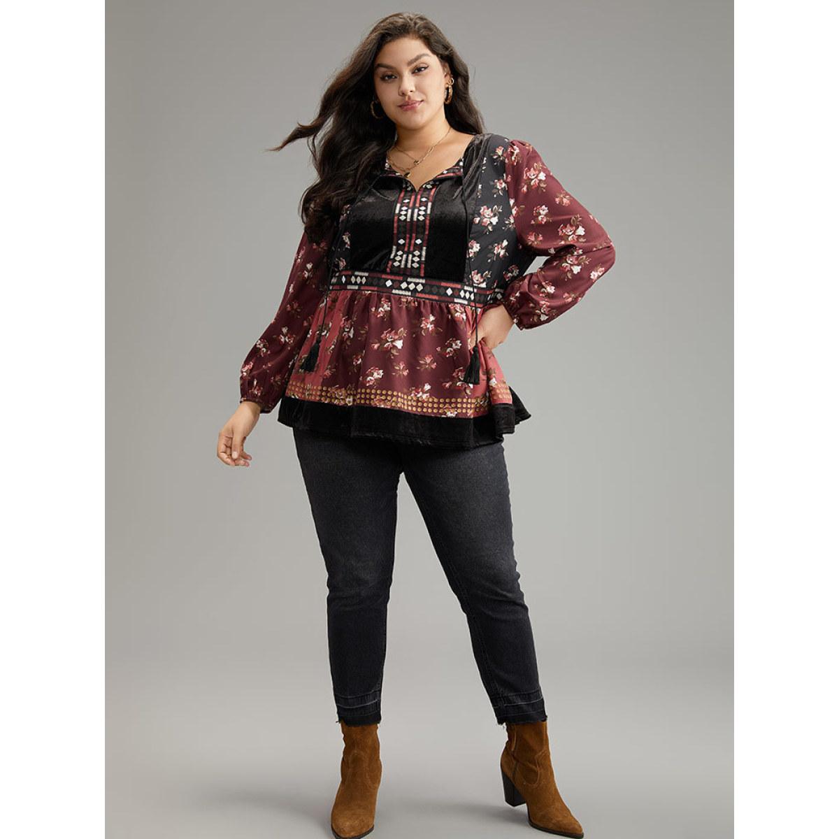 Plus Size Scarlet Velvet Floral Contrast Knot Neck Tassel Blouse Women Vacation Long Sleeve Tie Neck Dailywear Blouses BloomChic 14-16/1X Product Image