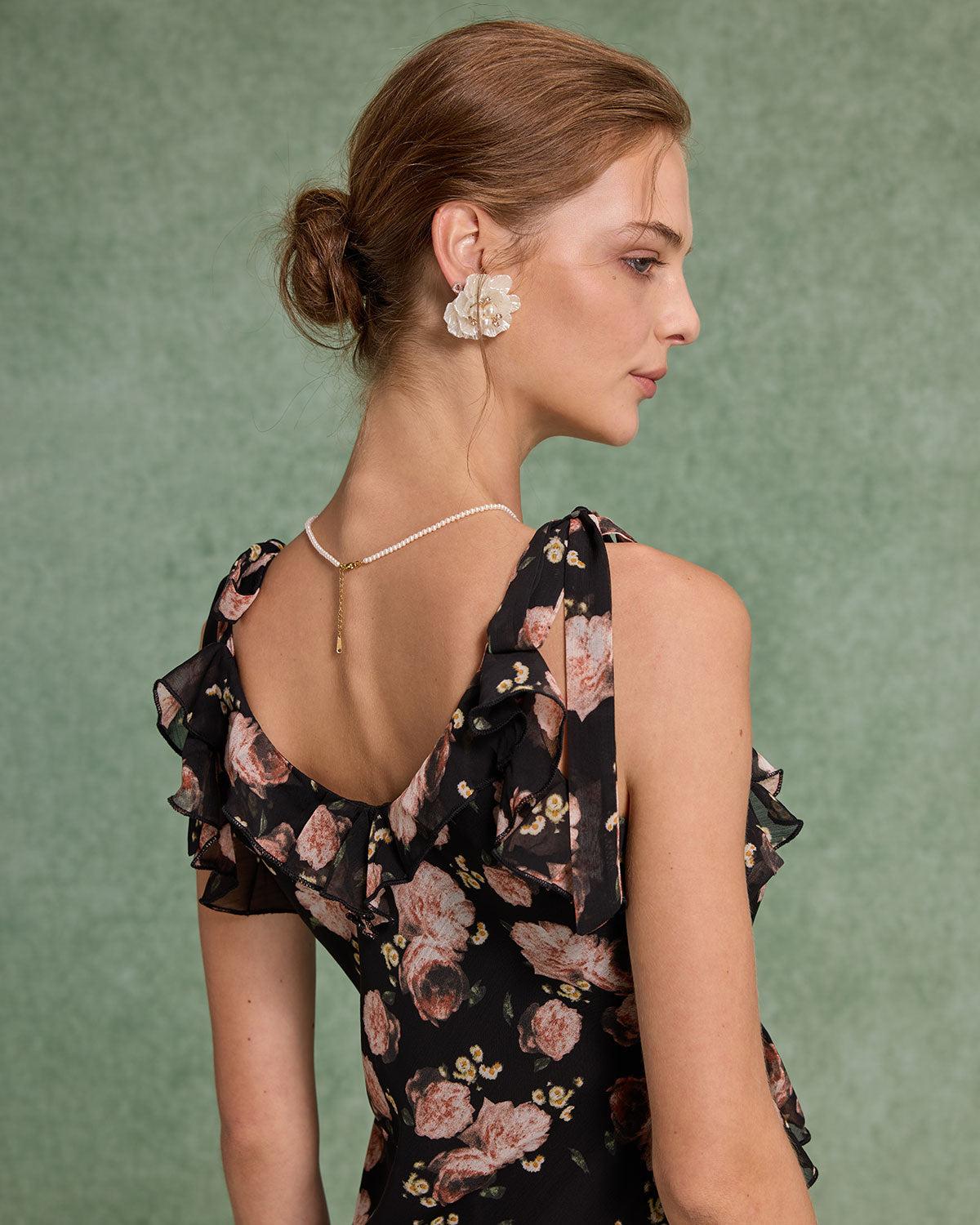 Black Floral Ruffle Sleeveless Maxi Dress Product Image