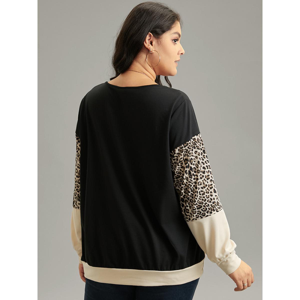 Plus Size Leopard Contrast Elastic Hem Sweatshirt Women Black Casual Contrast Round Neck Dailywear Sweatshirts BloomChic 28/5X Product Image