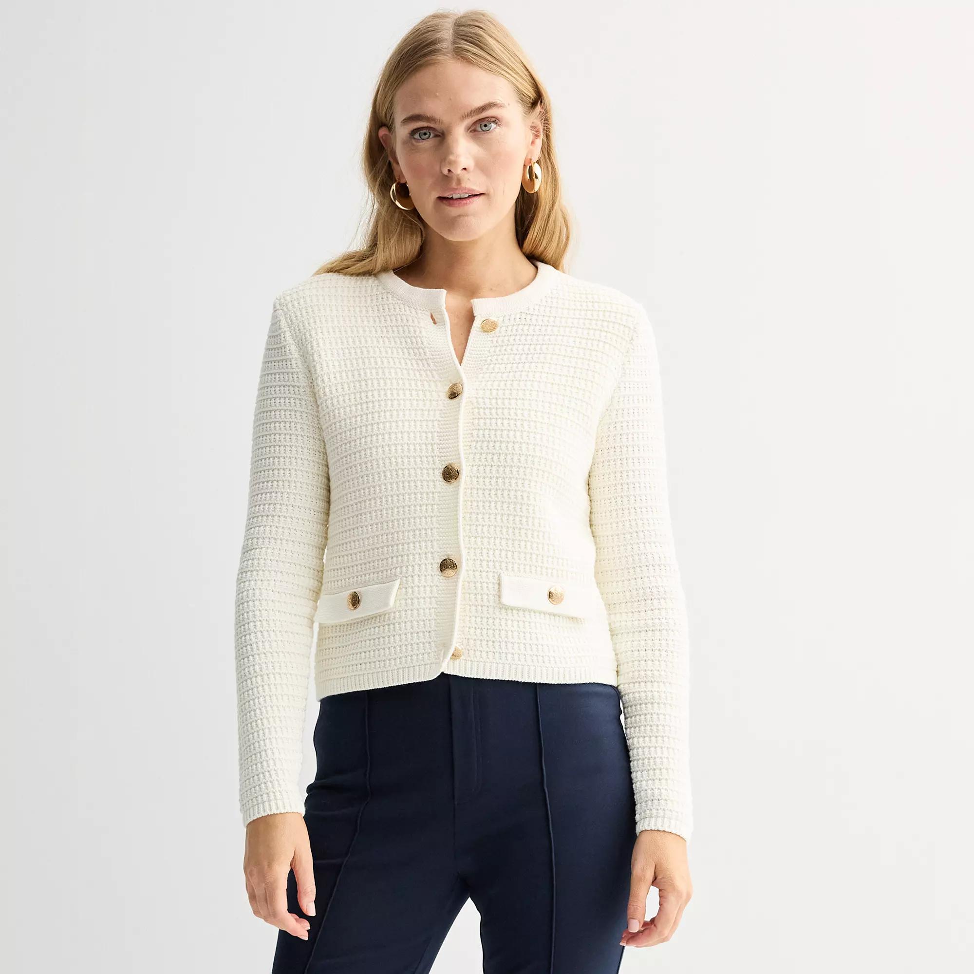 Petite Nine West Textured Cardigan Sweater, Women's, Size: Medium Petite, Daisy Dew Product Image