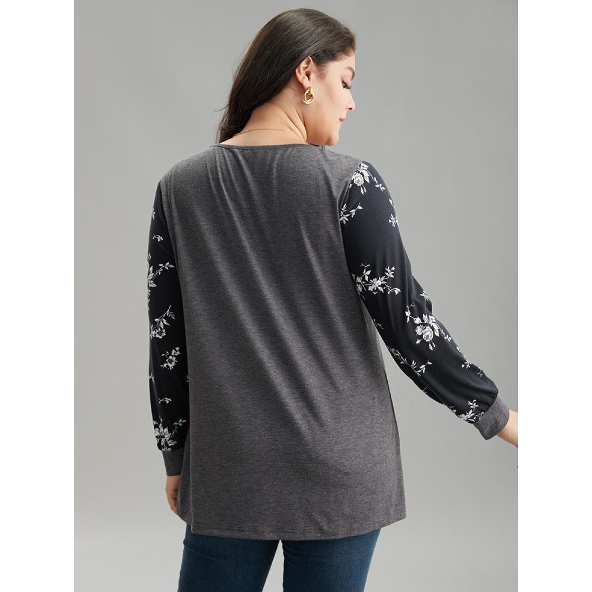 Plus Size Floral Print Patchwork Button Up T-shirt DimGray Women Elegant Printed Patchwork V-neck Dailywear T-shirts BloomChic 14-16/1X Product Image