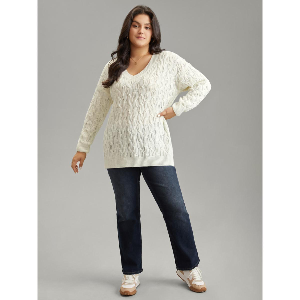 Plus Size Plain V Neck Cable Knit Split Side Pullover Ivory Women Casual Loose Long Sleeve V-neck Dailywear Pullovers BloomChic 30/6X Product Image