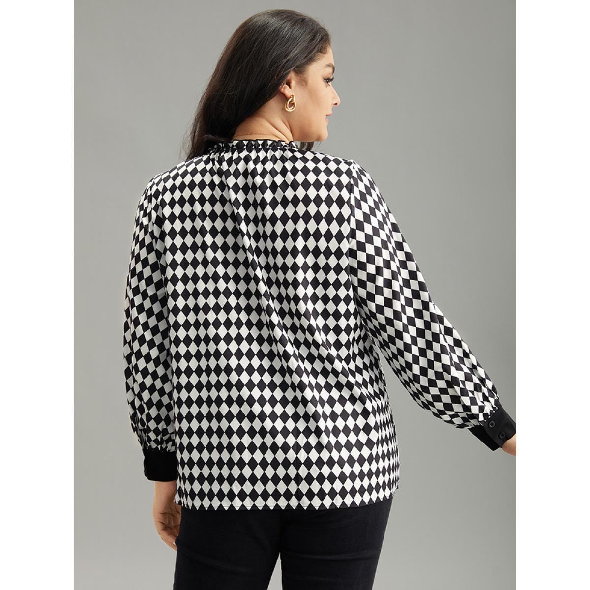 Plus Size Black Halloween Check Frill Trim Gathered Patchwork Blouse Women Elegant Long Sleeve Round Neck Dailywear Blouses BloomChic 22-24/3X Product Image