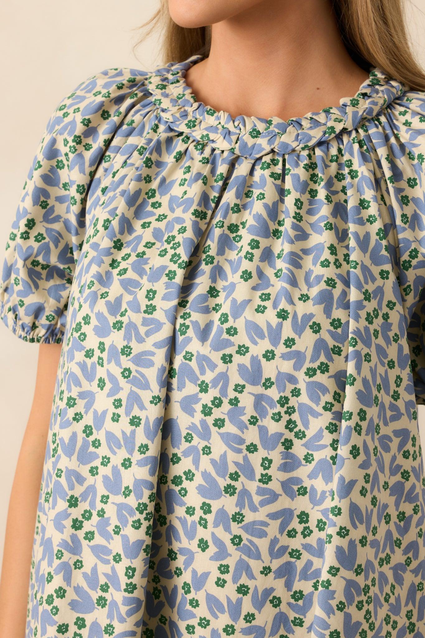 Stories Unfolding Dusty Blue Floral Cotton Mini Dress Product Image