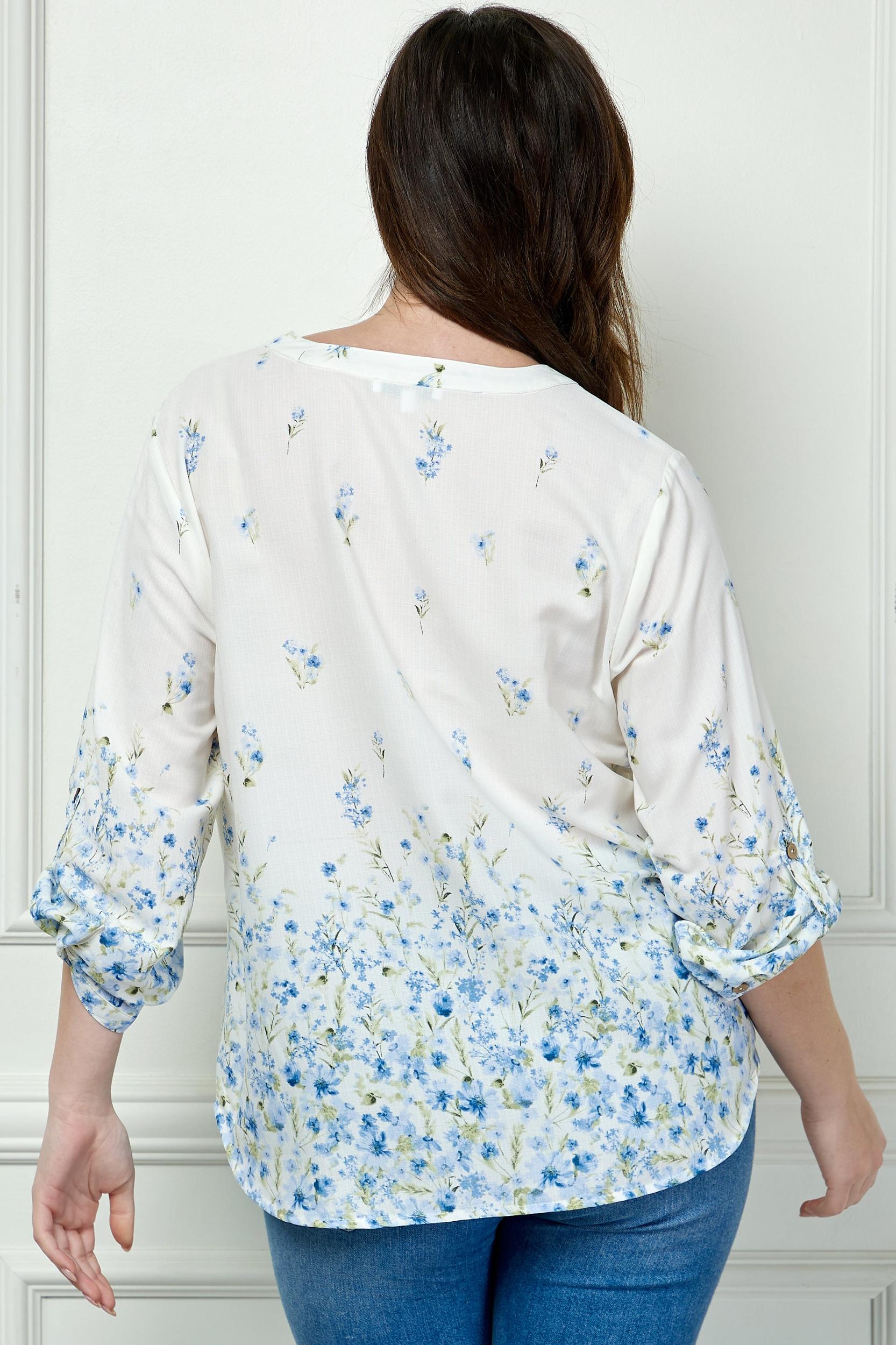 Blue Floral 3/4 Button Tab Sleeve Big Button V-Neck Border Print Blouse - Plus Product Image
