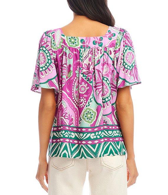Karen Kane Petite Size Printed Square Neck Short Flare Sleeve Top Product Image