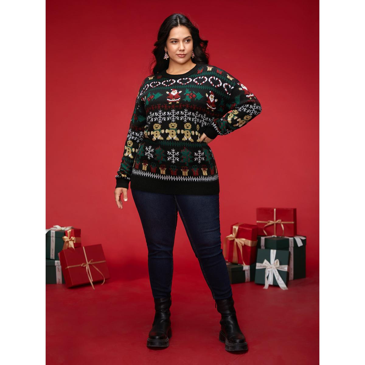 Plus Size Festive Pattern Round Neck Pullover Black Women Casual Loose Long Sleeve Round Neck Everyday Pullovers BloomChic 18-20/2X Product Image