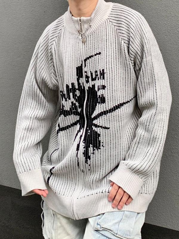 Men's Spider Print Collar Neck Zip Up Knit Outwear Product Image