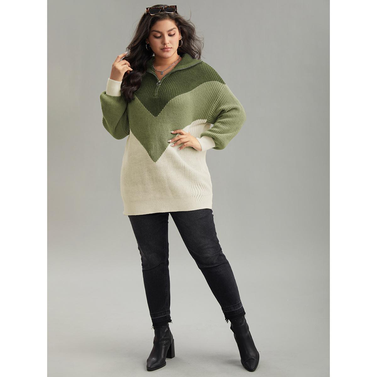 Plus Size Colorblock Patchwork Zipper Lapel Collar Pullover ArmyGreen Women Casual Long Sleeve Lapel Collar Everyday Pullovers BloomChic 14-16/1X Product Image