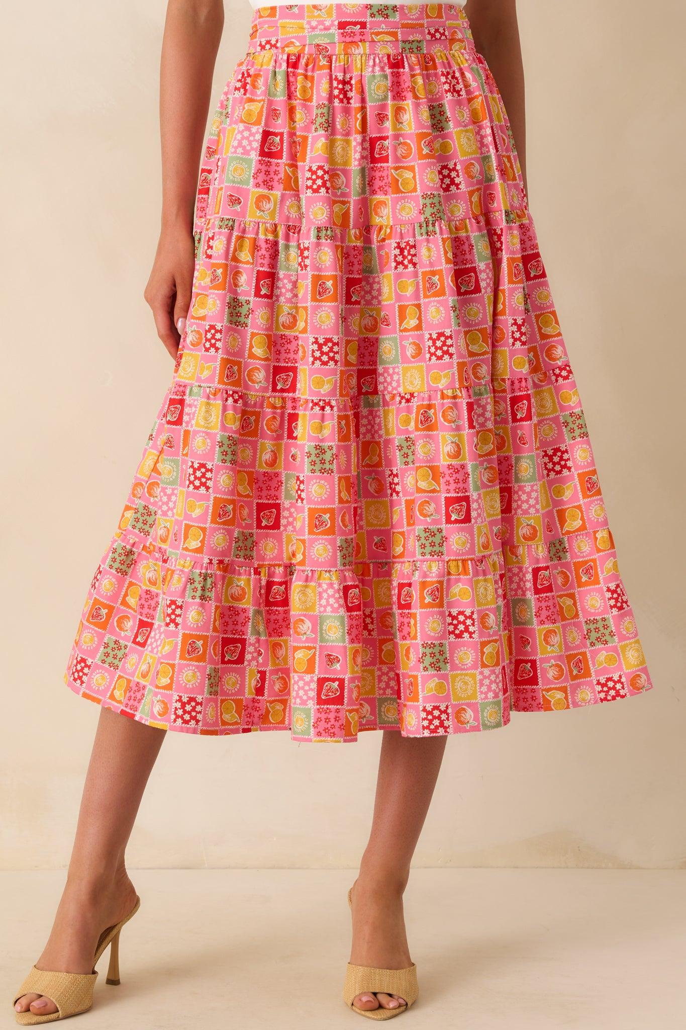 Looks Just Right Pink Multi Patchwork Print Midi Skirt Product Image