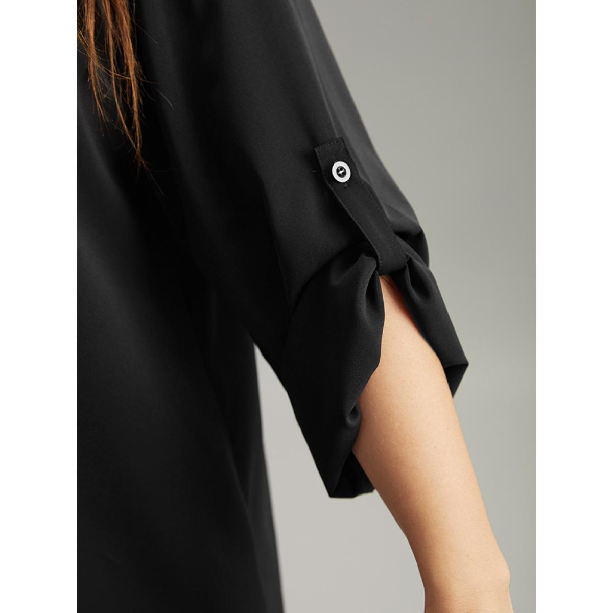 Plus Size Black Anti-Wrinkle Buckle Detail Keyhole Tab Sleeve Blouse Women Office Long Sleeve Round Neck Work Blouses BloomChic 10/M Product Image